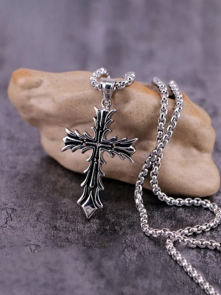 Retro Gothic Thorn Cross Necklace - Silver