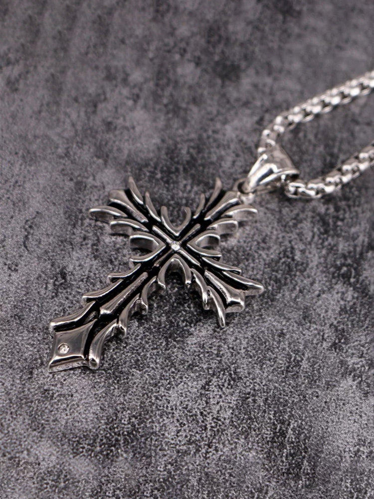 Retro Gothic Thorn Cross Necklace - Silver