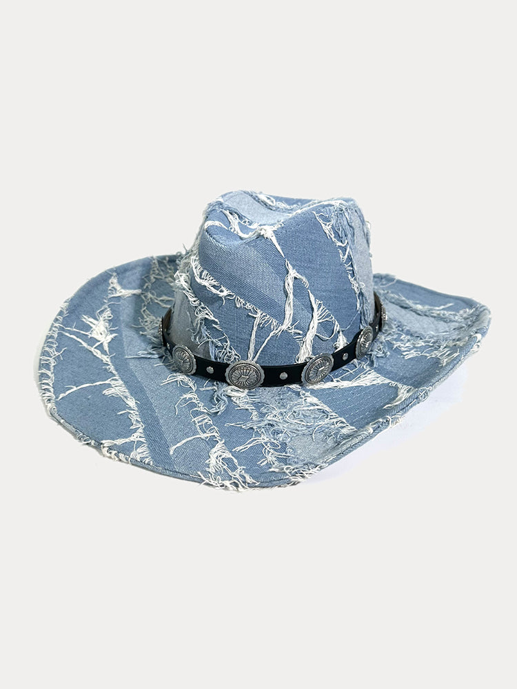 Western Fashion Distressed Cowboy Fedora Hats - Blue