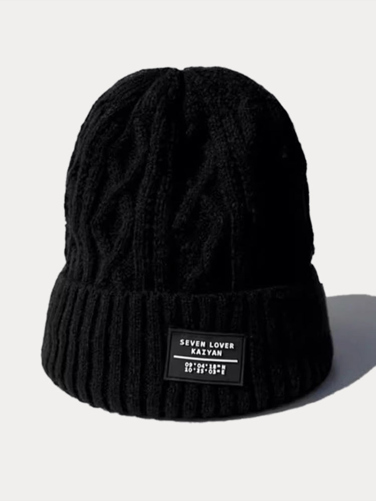 Stylish Warm Label Fleece Knit Beanie - Black
