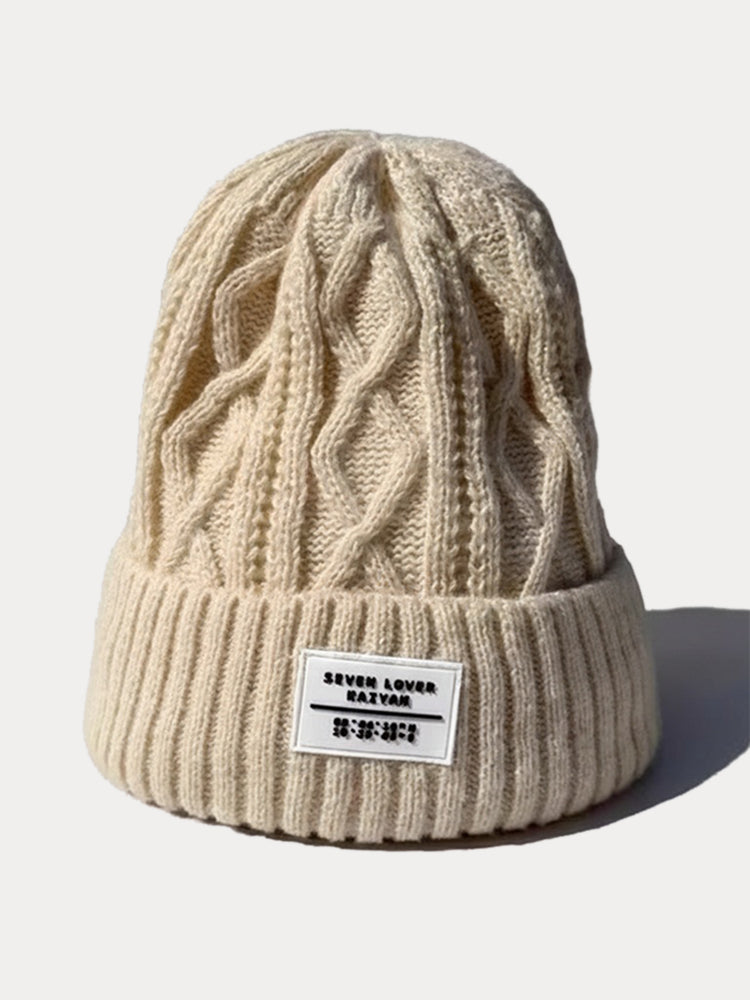 Stylish Warm Label Fleece Knit Beanie - Beige