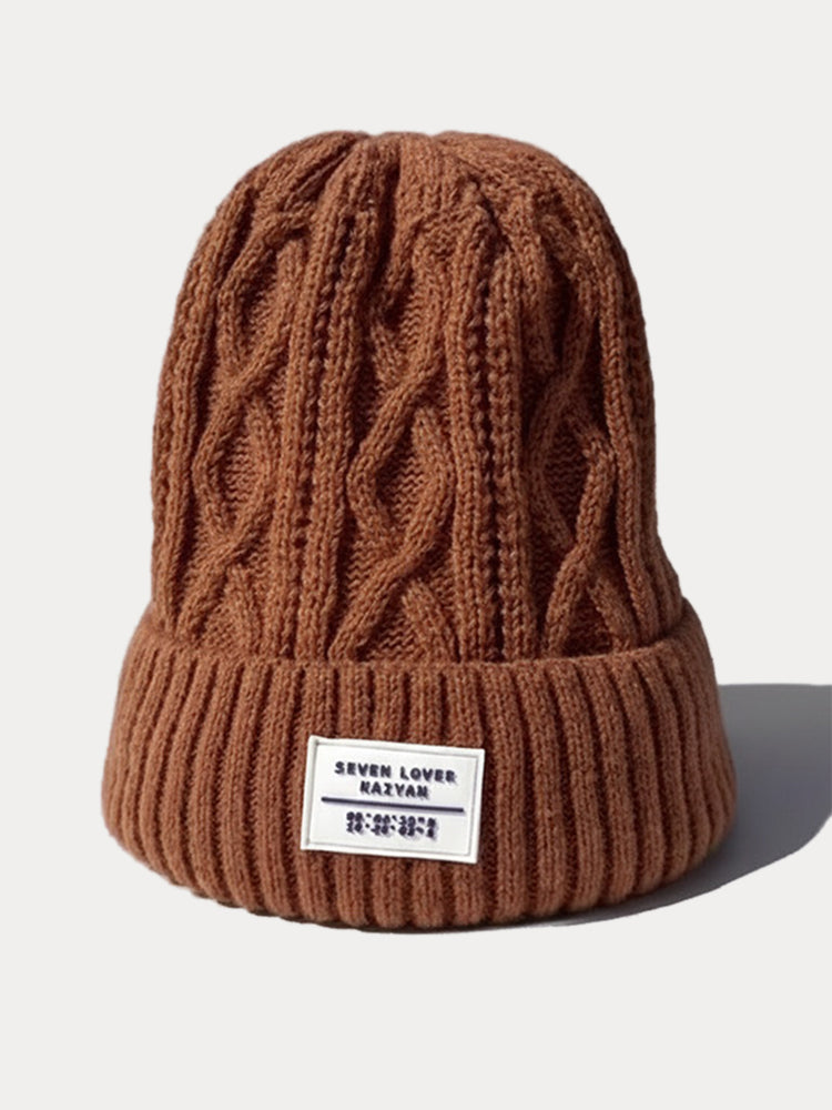 Stylish Warm Label Fleece Knit Beanie - Caramel