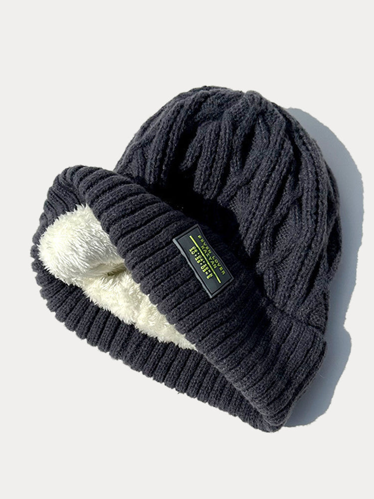 Stylish Warm Label Fleece Knit Beanie - Gray