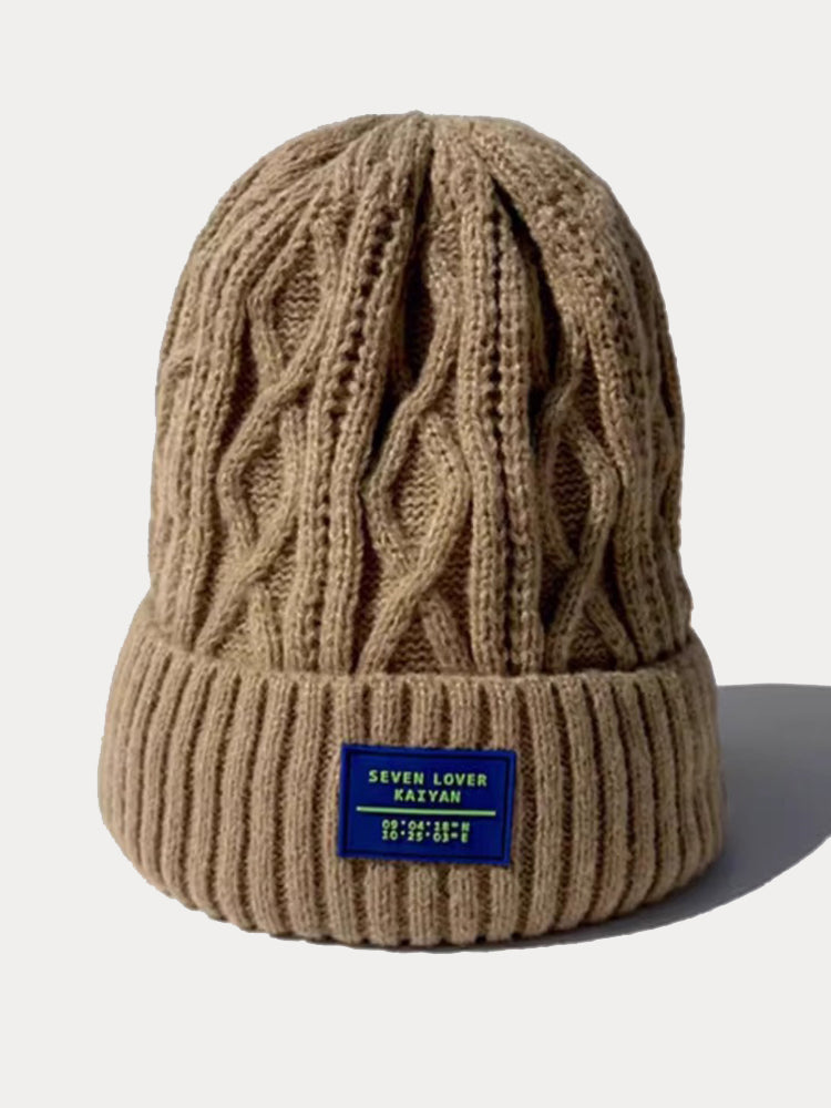 Stylish Warm Label Fleece Knit Beanie - Khaki