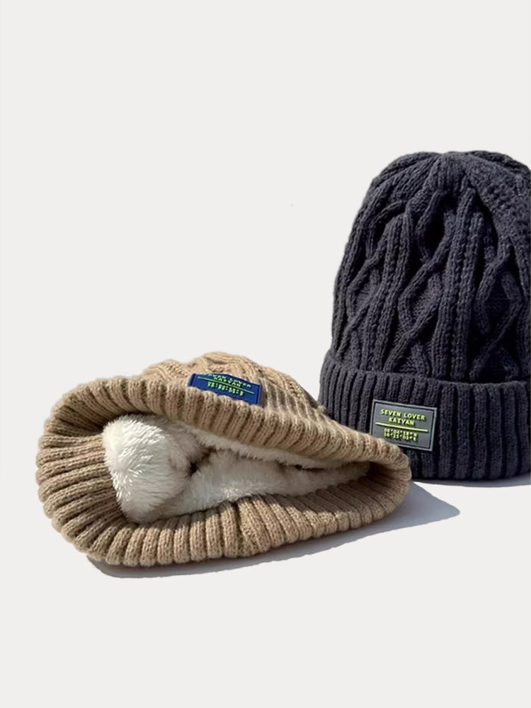 Stylish Warm Label Fleece Knit Beanie - Khaki