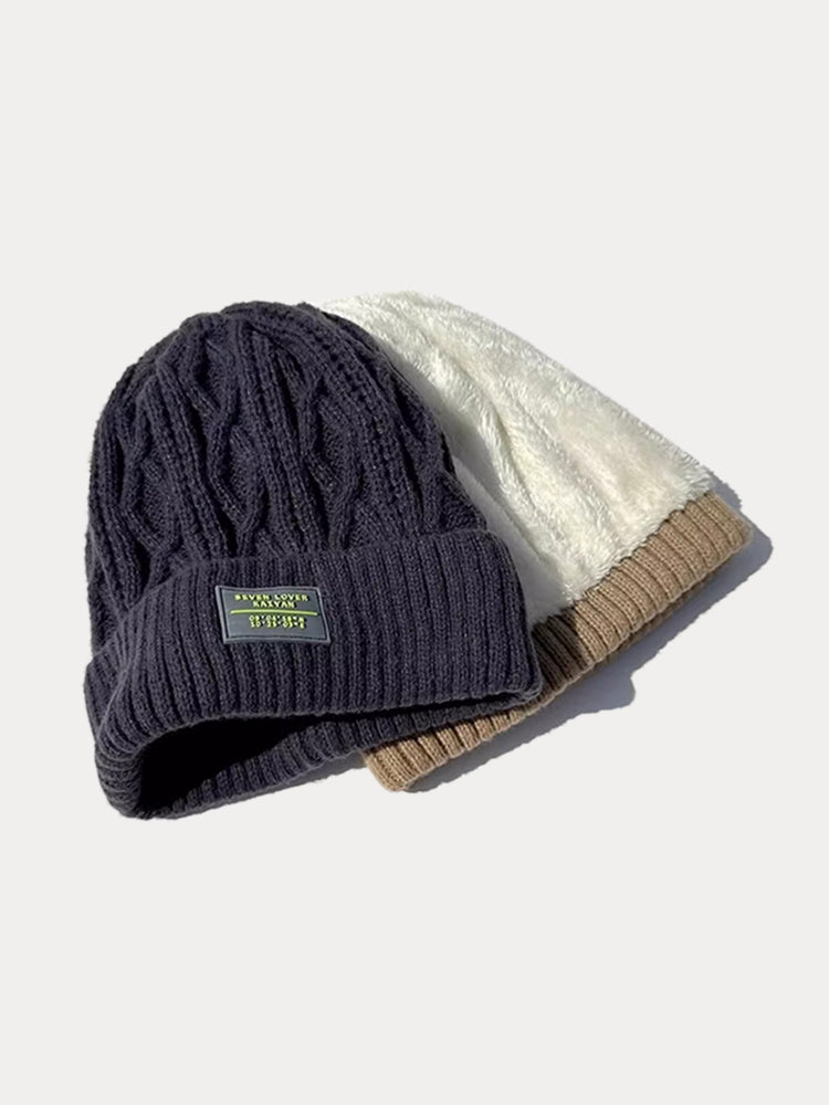 Stylish Warm Label Fleece Knit Beanie - Khaki