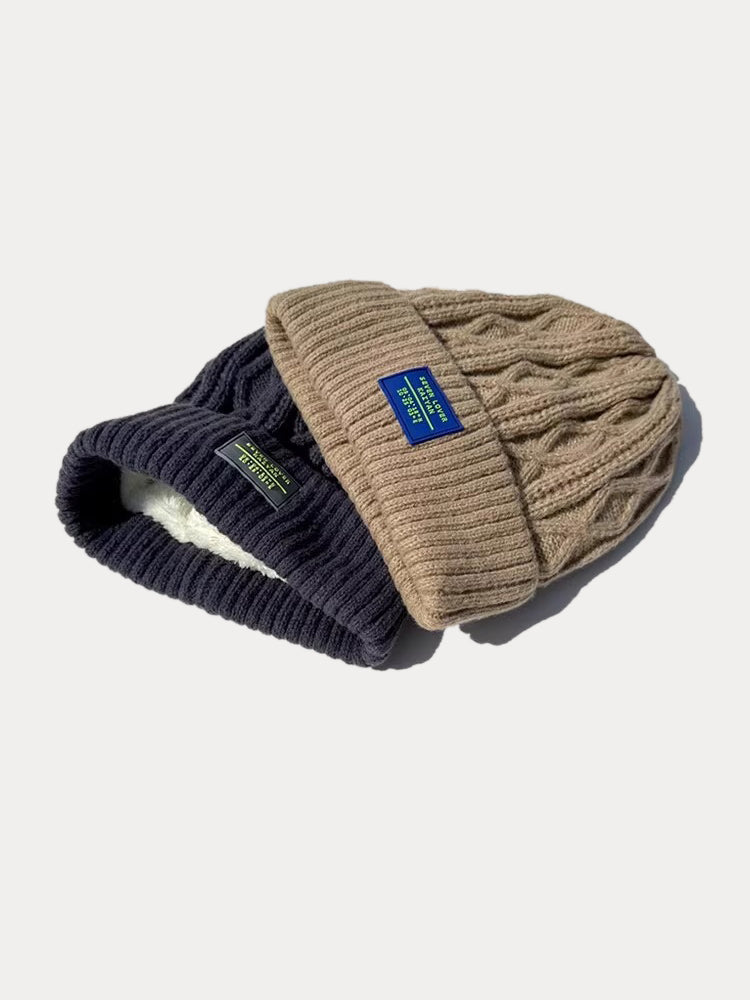 Stylish Warm Label Fleece Knit Beanie - Khaki