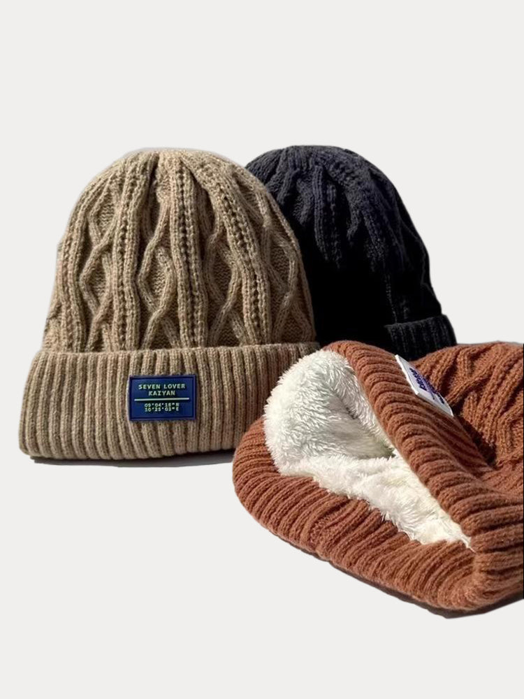 Stylish Warm Label Fleece Knit Beanie - Khaki