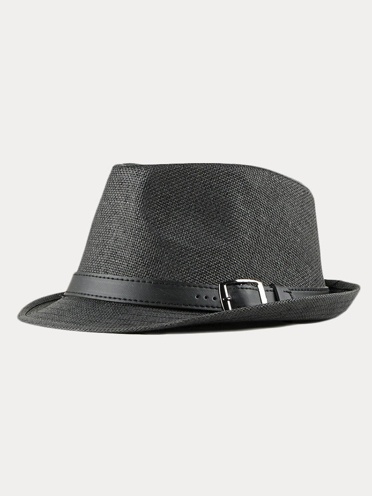 Stylish Buckled Leather Strap Fedora Hat - Black