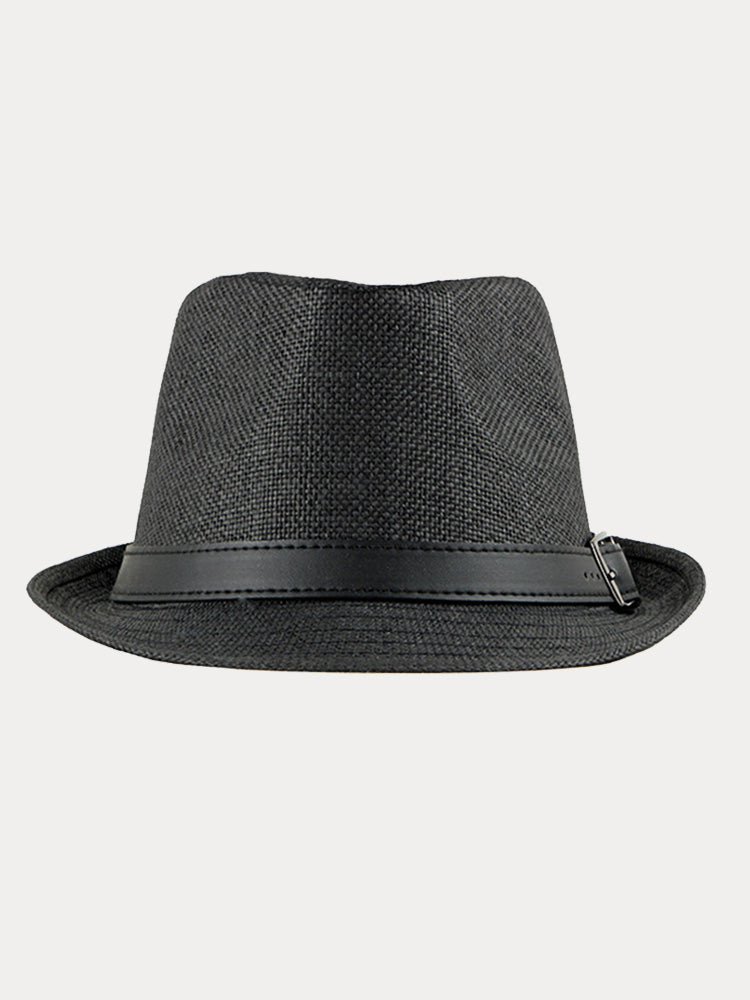 Stylish Buckled Leather Strap Fedora Hat - Black