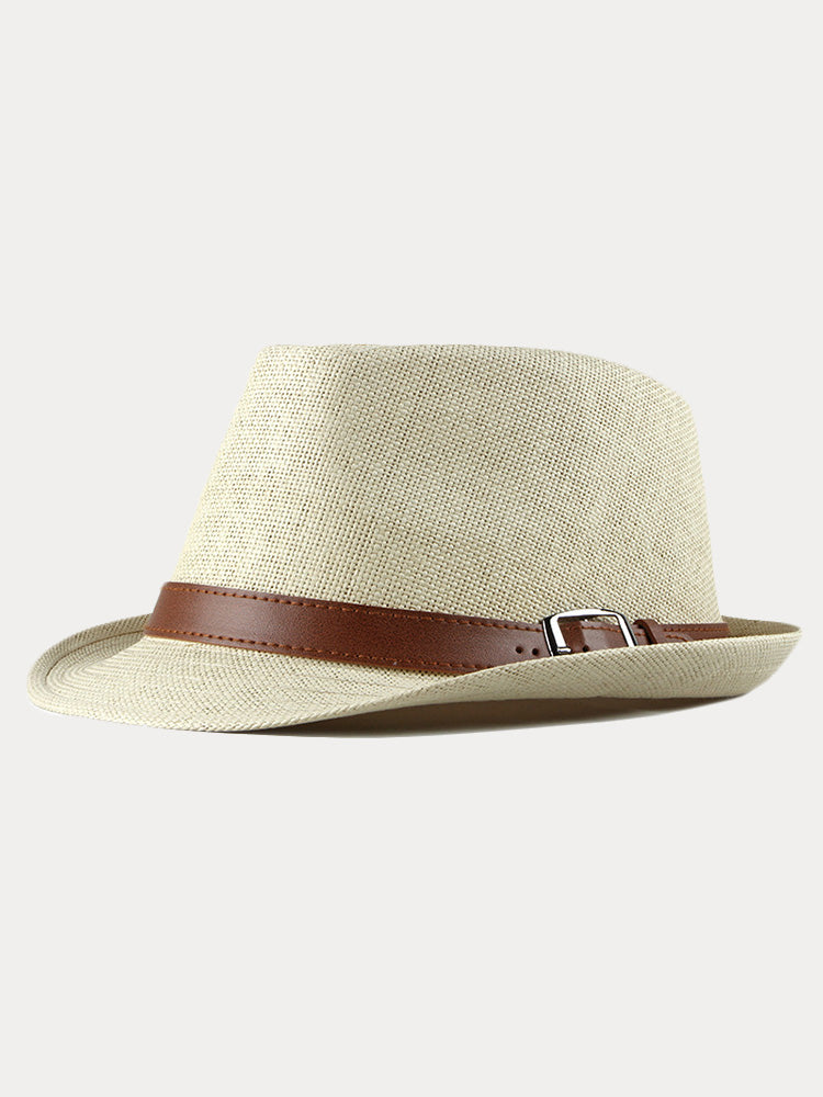 Stylish Buckled Leather Strap Fedora Hat - Beige