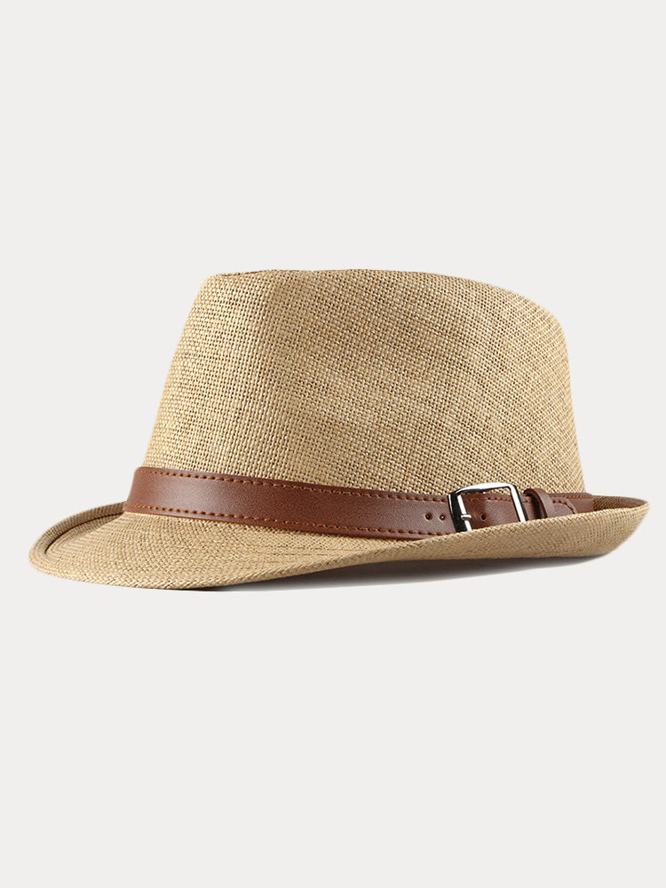Stylish Buckled Leather Strap Fedora Hat - Khaki