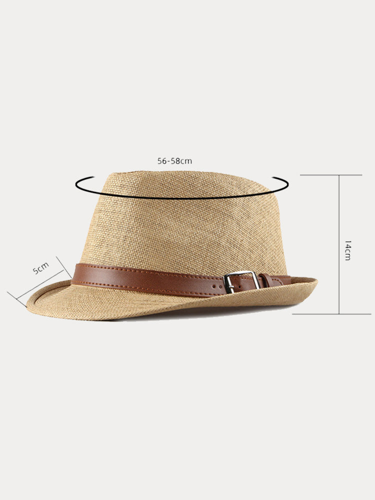 Stylish Buckled Leather Strap Fedora Hat - Khaki