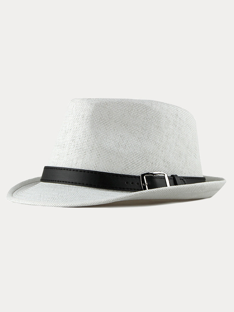 Stylish Buckled Leather Strap Fedora Hat - White