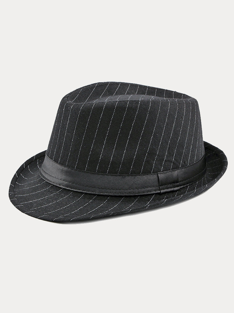 Classic Striped Wide Brim Fedora Hat - Black