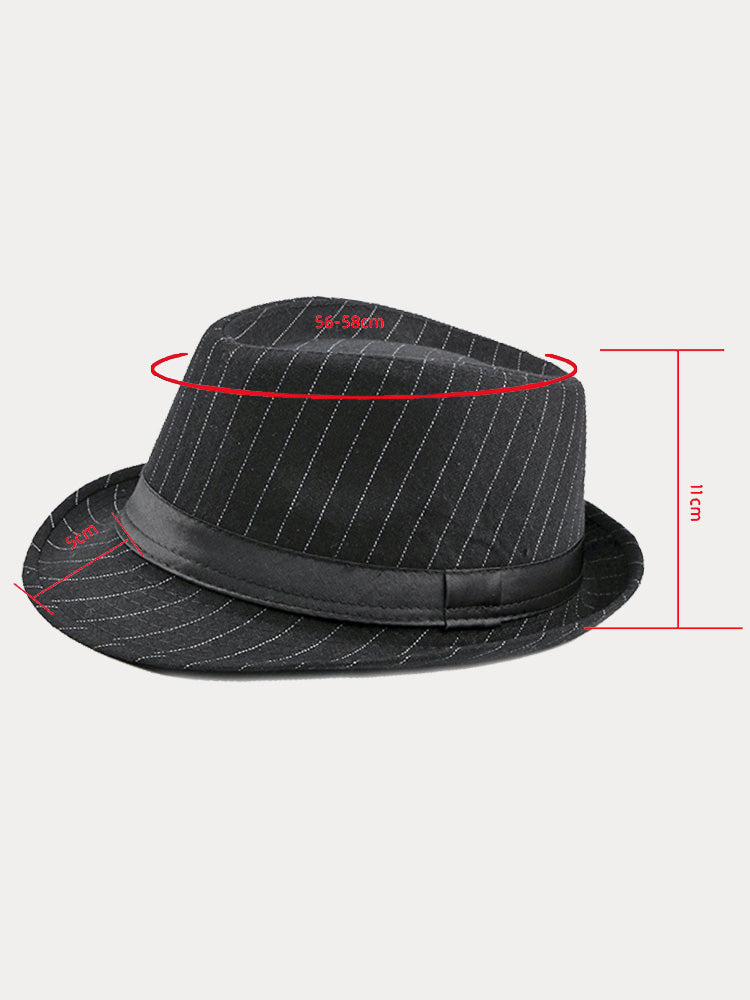 Classic Striped Wide Brim Fedora Hat - Black