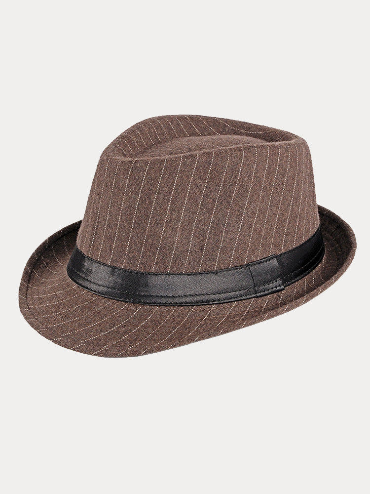 Classic Striped Wide Brim Fedora Hat - Coffee