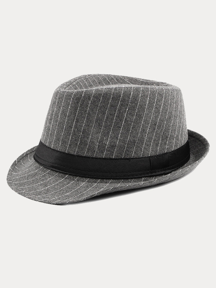 Classic Striped Wide Brim Fedora Hat - Gray