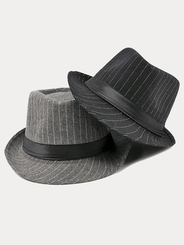 Classic Striped Wide Brim Fedora Hat - Gray