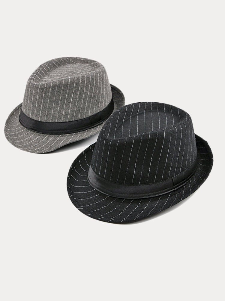 Classic Striped Wide Brim Fedora Hat - Gray