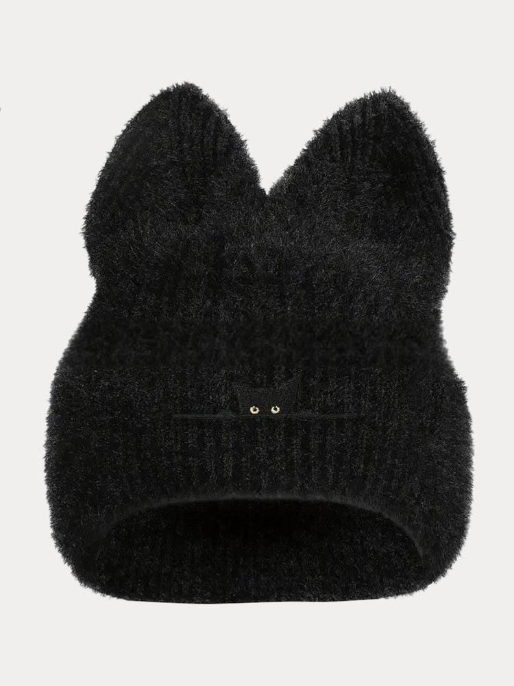 Fashion Fuzzy Knit Cat Ear Beanie Hat - Black