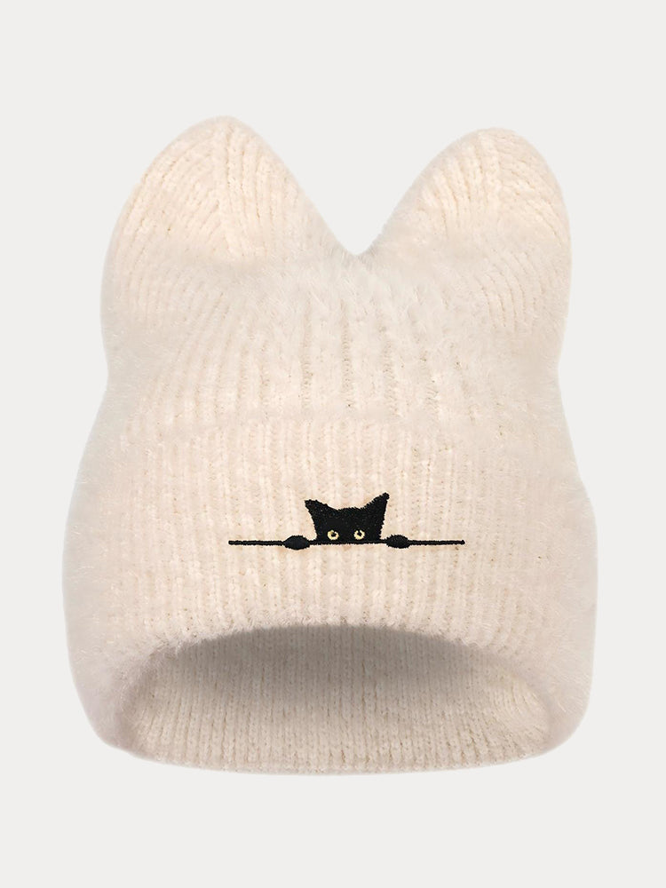 Fashion Fuzzy Knit Cat Ear Beanie Hat - Beige
