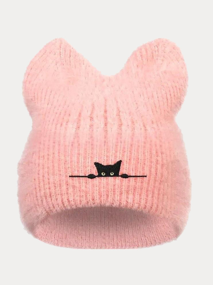 Fashion Fuzzy Knit Cat Ear Beanie Hat - Pink