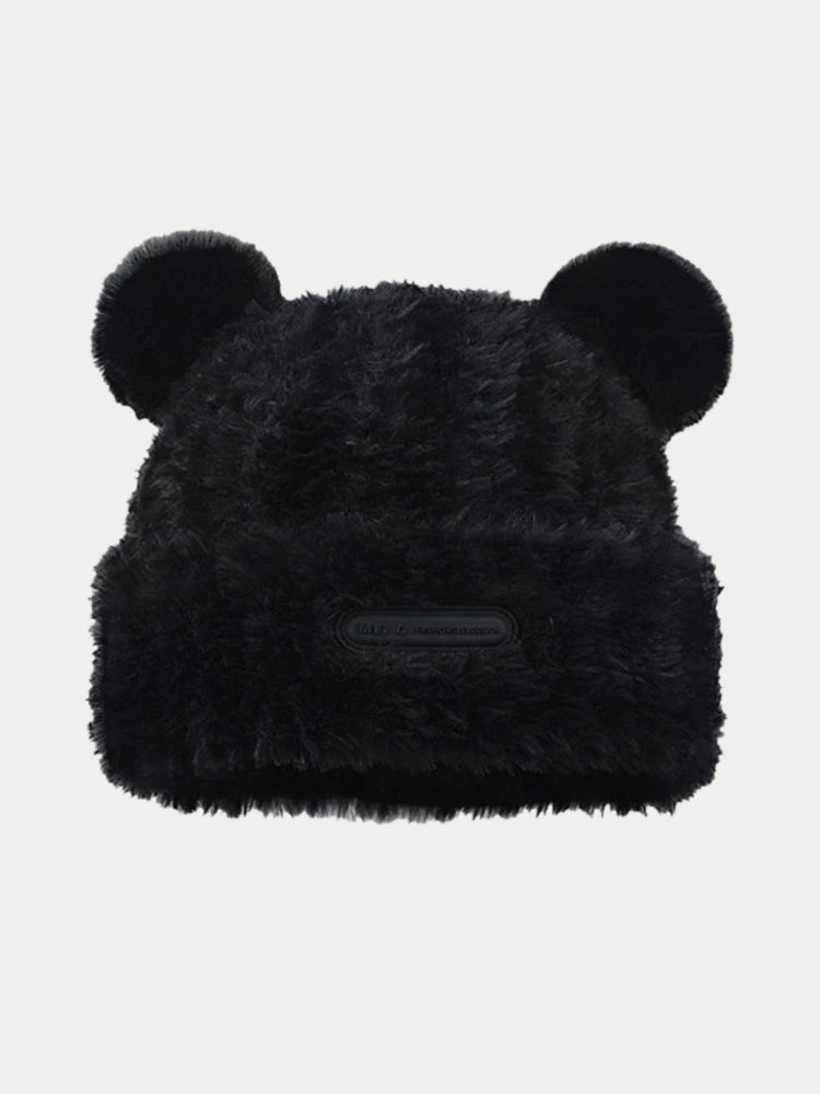 Fuzzy Bear Ears Knitted Beanie Hat - Black
