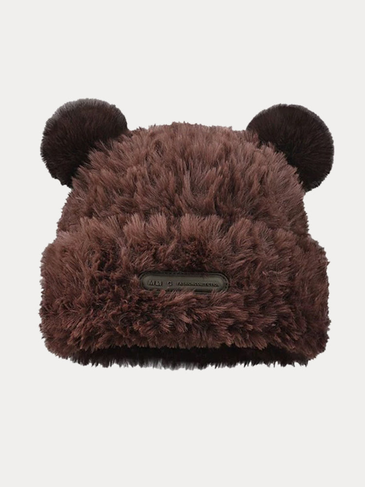 Fuzzy Bear Ears Knitted Beanie Hat - Brwon