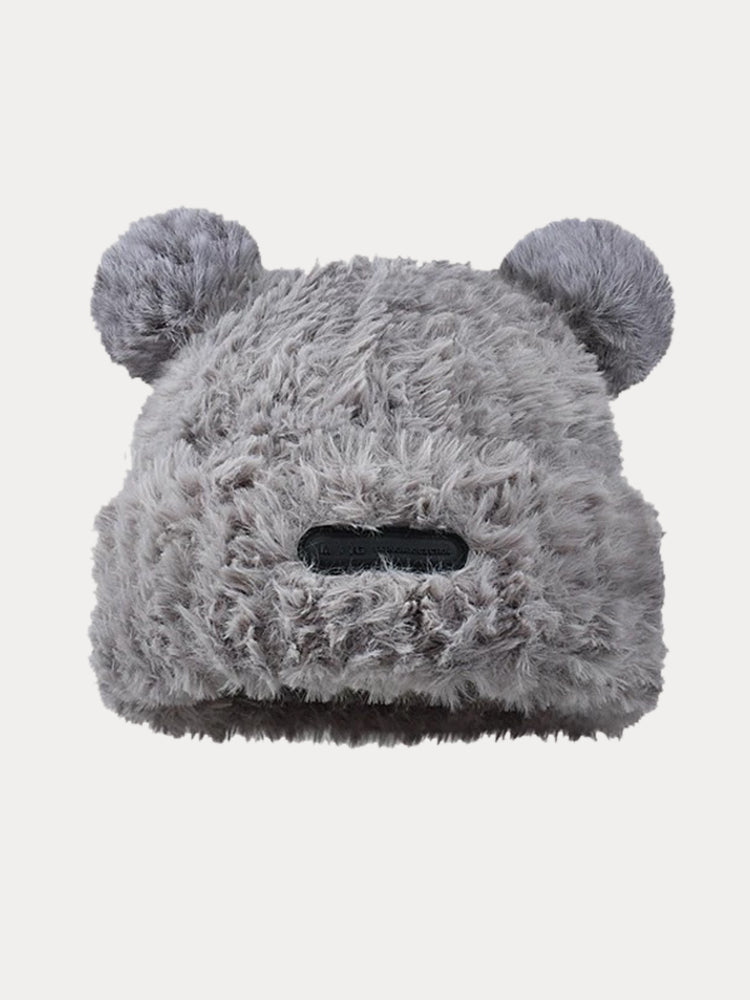 Fuzzy Bear Ears Knitted Beanie Hat - Gray