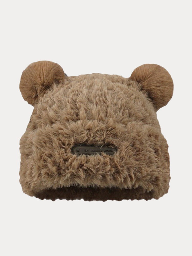 Fuzzy Bear Ears Knitted Beanie Hat - Khaki