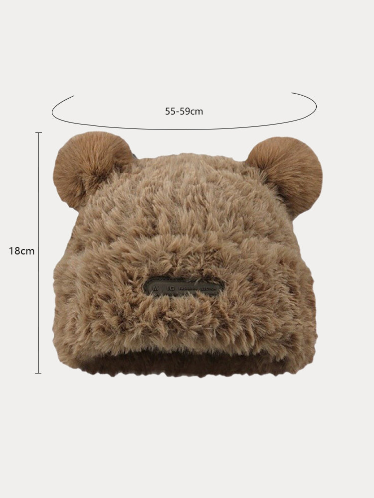 Fuzzy Bear Ears Knitted Beanie Hat - Khaki