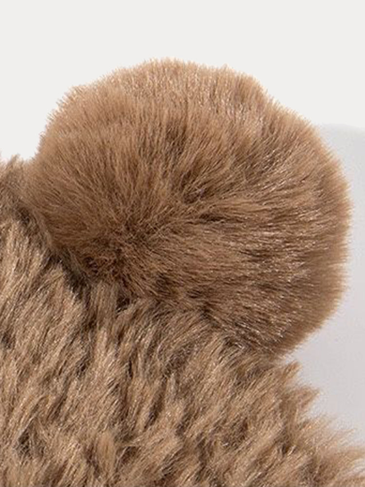 Fuzzy Bear Ears Knitted Beanie Hat - Khaki