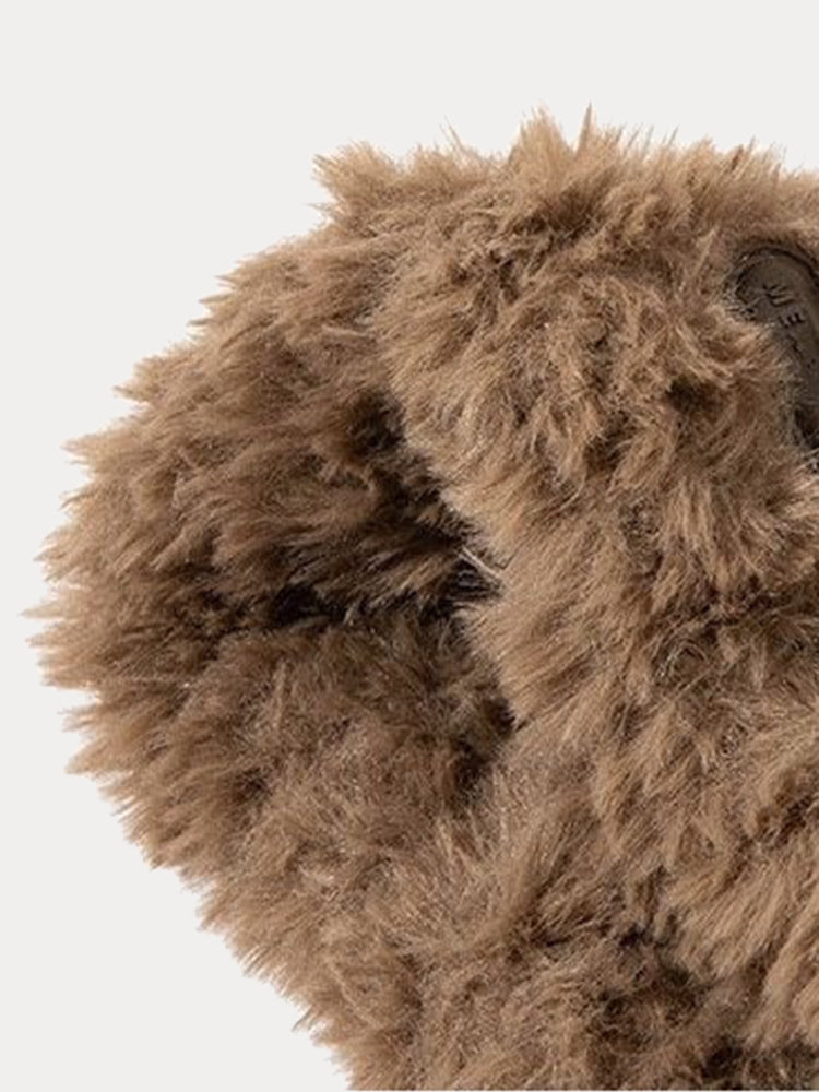 Fuzzy Bear Ears Knitted Beanie Hat - Khaki