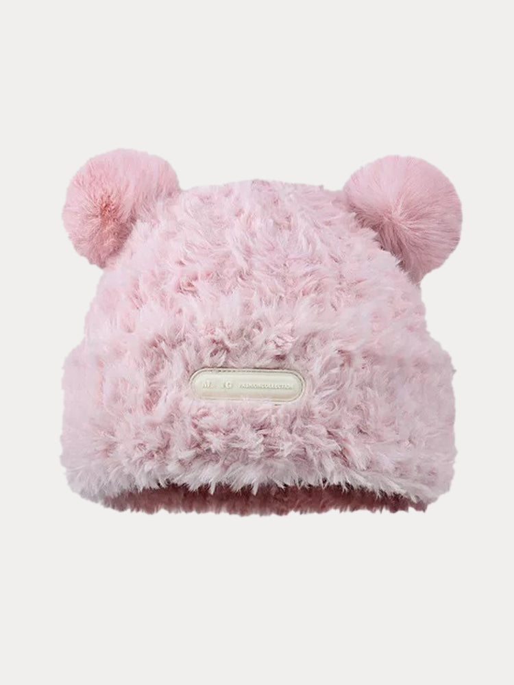 Fuzzy Bear Ears Knitted Beanie Hat - Pink
