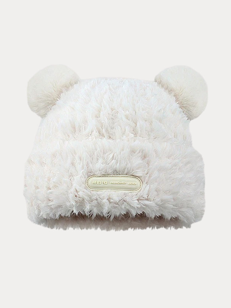 Fuzzy Bear Ears Knitted Beanie Hat - White