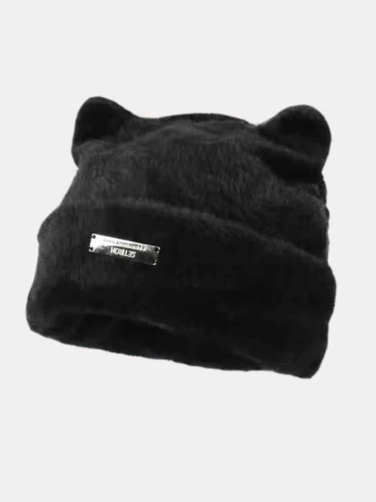 Soft Warm Cat Ear Shape Knit Beanie - Black