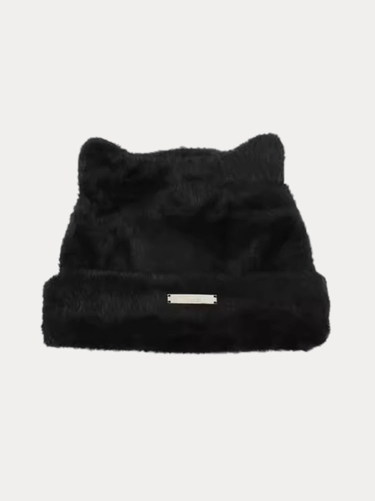 Soft Warm Cat Ear Shape Knit Beanie - Black