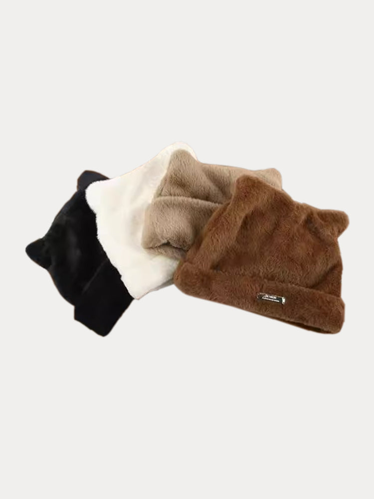 Soft Warm Cat Ear Shape Knit Beanie - Black