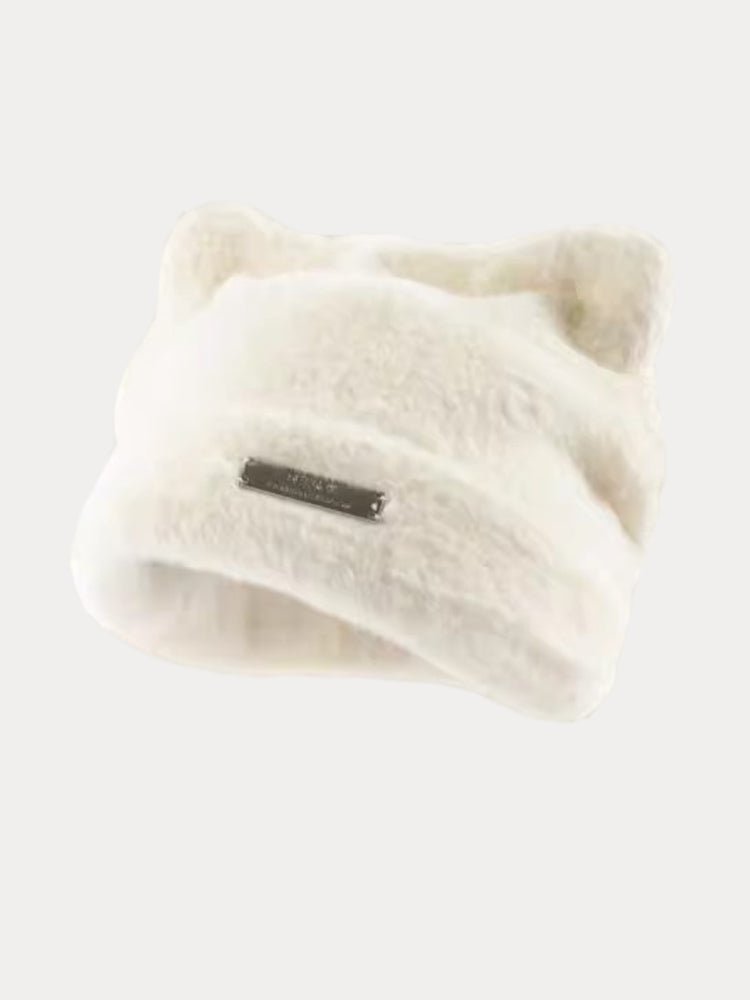 Soft Warm Cat Ear Shape Knit Beanie - Beige