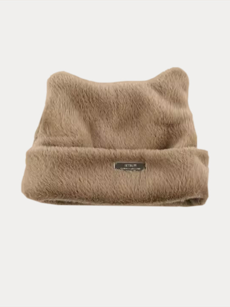 Soft Warm Cat Ear Shape Knit Beanie - Khaki