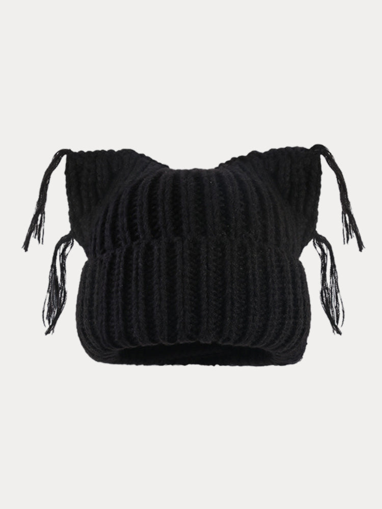 Unique Cats Ear Tassels Knit Beanie - Black