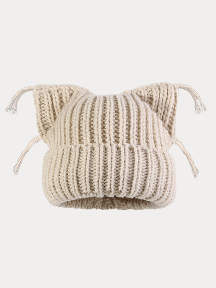 Unique Cats Ear Tassels Knit Beanie - Beige
