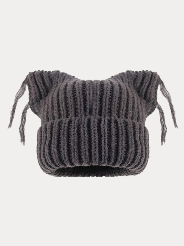 Unique Cats Ear Tassels Knit Beanie - Gray
