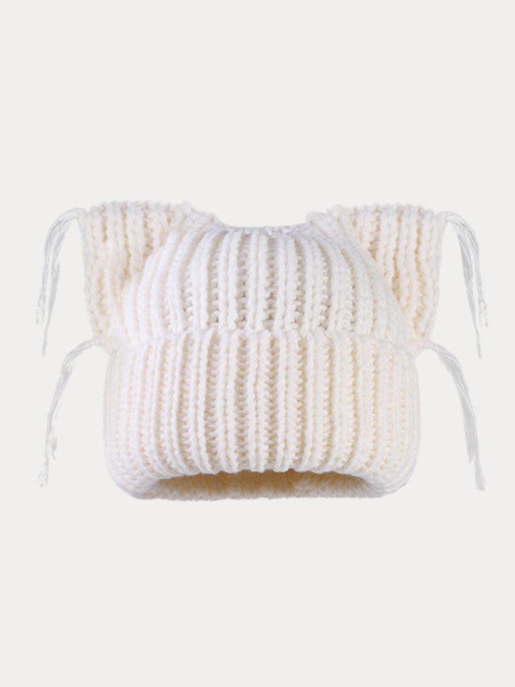 Unique Cats Ear Tassels Knit Beanie - White
