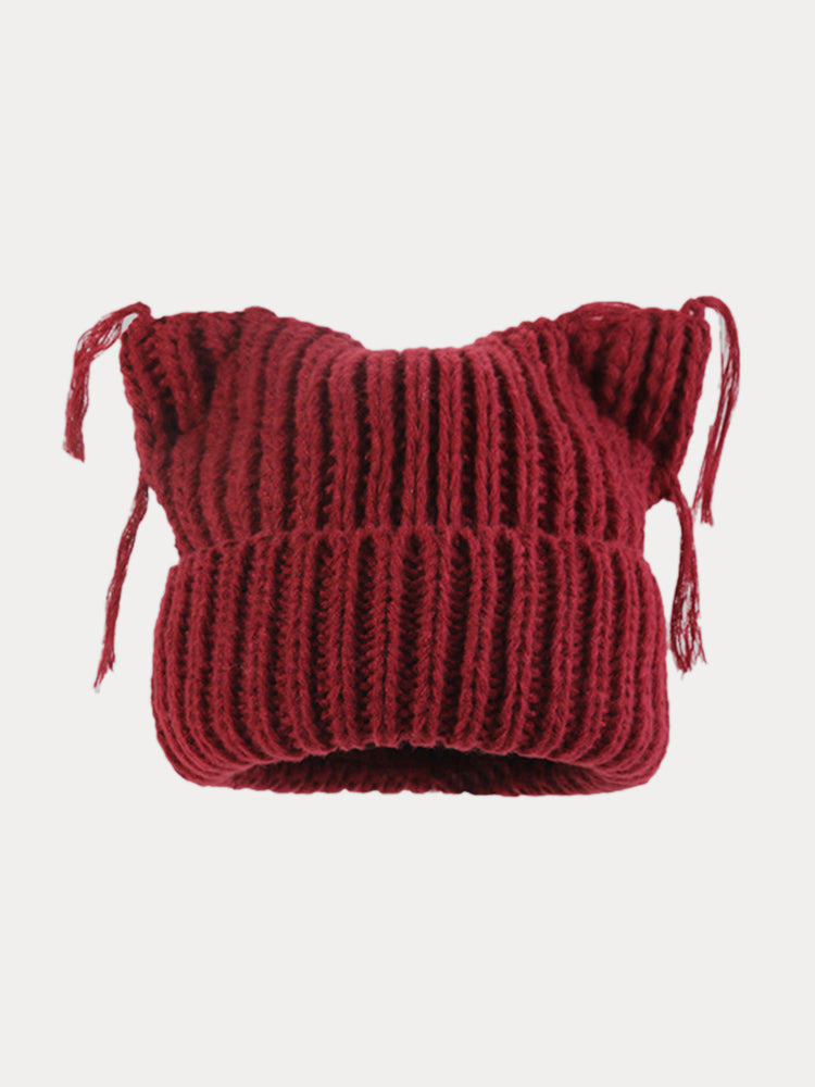 Unique Cats Ear Tassels Knit Beanie - Red