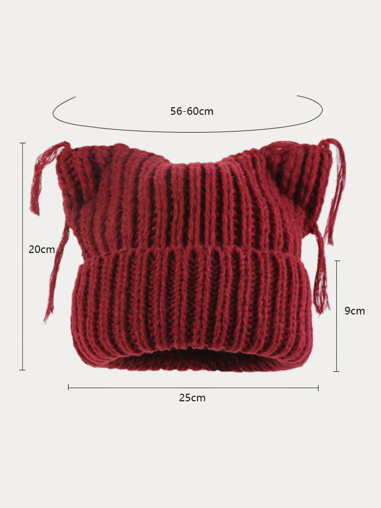 Unique Cats Ear Tassels Knit Beanie - Red