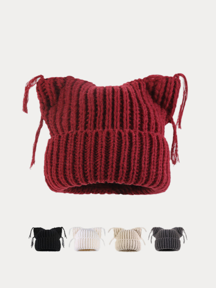 Unique Cats Ear Tassels Knit Beanie - Red