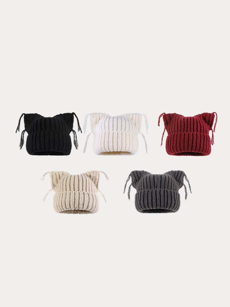 Unique Cats Ear Tassels Knit Beanie - Red