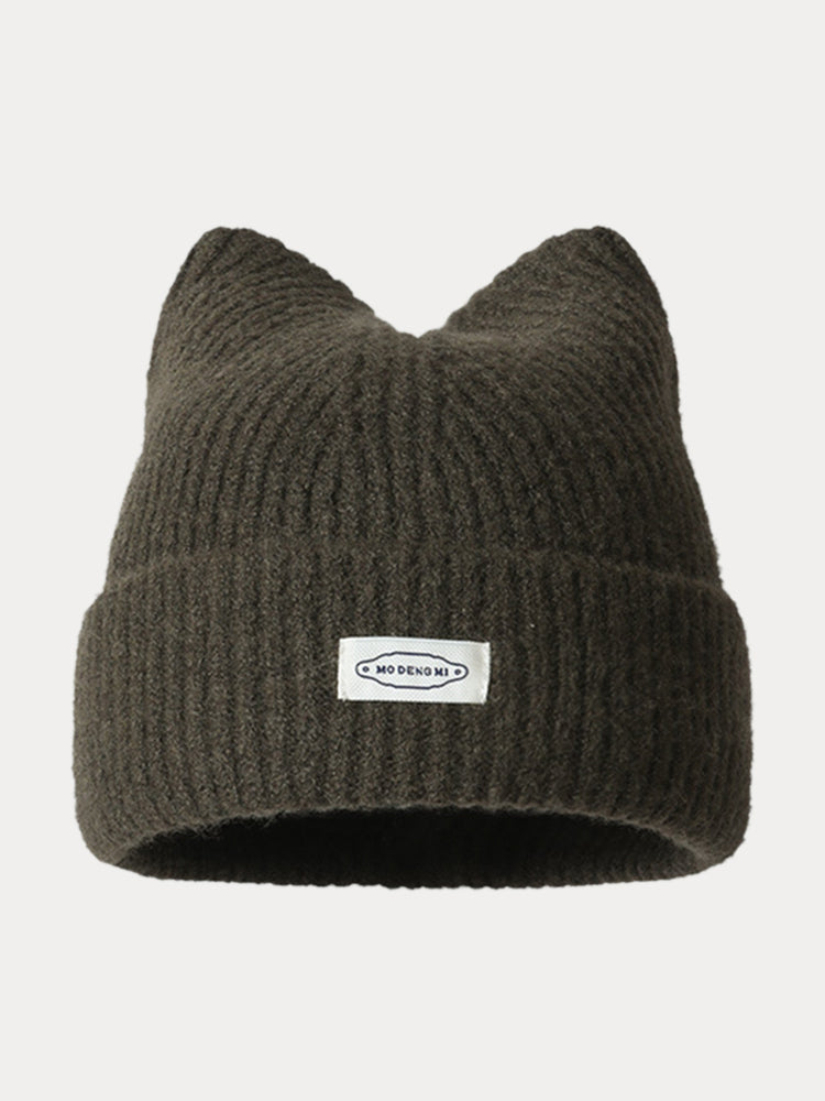 Fashion Plush Meowing Label Beanie - Army Green